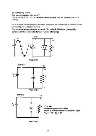 51
2.9.2 Clamping action
How clamping action take place?
Look at the figure 2.83 (a). Let us replace the capacitor by a 5 V battery (look at the
polarity).
Let us analyse the clamping action through a series of few simple static equivalent circuits
shown in figures 2.83 (b) to 2.83 (f).
The instantaneous voltages shown in Vin, in fig 2.83 (a) are replaced by
batteries in these circuits (for easy under-standing).
Fig 2.83 (a)
Fig 2.83 (b)
Fig 2.83 (c)
 