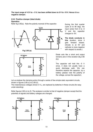 53
The input range of +5 V to – 5 V, has been shifted down to 0 V to -10 V. Hence it is a
negative clamper.
2.9.2 Positive clamper (Ideal diode)
Operation
Refer fig 2.85(a). Note the polarity reversal of the capacitor.
Fig 2.85 (a)
Fig 2.85 (b)
Let us analyse the clamping action through a series of few simple static equivalent circuits,
shown in figures 2.85 (c) to 2.85 (f)..
The instantaneous voltages shown in Vin, are replaced by batteries in these circuits (for easy
under-standing).
Refer figures 2.85 (c) to (f). The analysis is similar to that of negative clamper except that the
polarities of signals and battery voltages are changed.
During the first quarter
cycle (0 to 90 deg), the
input varies from 0 to -5
V and the capacitor
charges to -5V.
The diode conducts in
this duration, since it
gets forward biased.
(Anode is at 0V and
cathode is more negative
with respect to anode.)
Diode acts like a short and output
remains zero in this duration (fig 2.85
(b))
.
The capacitor will hold this -5 V
since, it does not usually have a
quick discharge path. We can
therefore replace the capacitor, by a
battery (please note the polarity of
the voltage, across the capacitor).
 