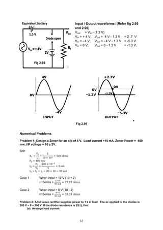 57
Fig 2.96
Numerical Problems
Problem 1: Design a Zener for an o/p of 5 V. Load current =10 mA, Zener Power = 400
mw, I/P voltage = 10  2V.
Soln
RL =
VZ
IL
=
5
10 × 103
= 500 ohms
PZ = 400 mw
IZ =
PZ
VZ
=
400 × 10−3
5
= 8 mA
IS = IZ + IL = 80 + 10 = 90 mA
Case 1 When input = 12 V (10 + 2)
R Series =
12−5
90 mA
= 77.77 ohms
Case 2 When input = 8 V (10 - 2)
R Series =
8−5
90 mA
= 33.33 ohms
Problem 2: A full wave rectifier supplies power to 1 k  load. The ac applied to the diodes is
300 V – 0 – 300 V. If the diode resistance is 25 , find
(a) Average load current
Input / Output waveforms: (Refer fig 2.95
and 2.96)
Vout = Vin - (1.3 V)
Vin = + 4 V; Vout = 4 V - 1.3 V = 2 .7 V
Vin = - 4 V; Vout = - 4 V - 1.3 V = -5.3 V
Vin = 0 V; Vout = 0 - 1.3 V = -1.3 V.
 
