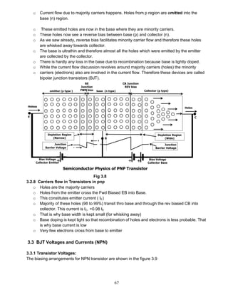 67
o Current flow due to majority carriers happens. Holes from p region are emitted into the
base (n) region.
o These emitted holes are now in the base where they are minority carriers.
o These holes now see a reverse bias between base (p) and collector (n).
o As we saw already, reverse bias facilitates minority carrier flow and therefore these holes
are whisked away towards collector.
o The base is ultrathin and therefore almost all the holes which were emitted by the emitter
are collected by the collector.
o There is hardly any loss in the base due to recombination because base is lightly doped.
o While the current flow discussion revolves around majority carriers (holes) the minority
o carriers (electrons) also are involved in the current flow. Therefore these devices are called
bipolar junction transistors (BJT).
Fig 3.8
3.2.8 Carriers flow in Transistors in pnp
o Holes are the majority carriers
o Holes from the emitter cross the Fwd Biased EB into Base.
o This constitutes emitter current ( IE)
o Majority of these holes (98 to 99%) transit thro base and through the rev biased CB into
collector. This current is IC. =0.98 IE
o That is why base width is kept small (for whisking away)
o Base doping is kept light so that recombination of holes and electrons is less probable. That
is why base current is low
o Very few electrons cross from base to emitter
3.3 BJT Voltages and Currents (NPN)
3.3.1 Transistor Voltages:
The biasing arrangements for NPN transistor are shown in the figure 3.9
 