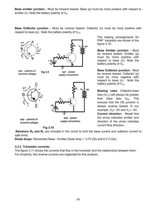 68
Base emitter junction : Must be forward biased. Base (p) must be more positive with respect to
emitter (n). Note the battery polarity of VB.
Base Collector junction : Must be reverse biased. Collector (n) must be more positive with
respect to base (p) . Note the battery polarity of VCC.
Fig 3.9
Fig 3.10
.Resistors RB and RC are included in the circuit to limit the base current and collector current to
safe limits.
Diode drops: Remember Base - Emitter Diode drop = 0.7V (Si) and 0.3 V (Ge)
3.3.3 Transistor currents:
The figure 3.11 shows the currents that flow in the transistor and the relationship between them.
For simplicity, the reverse currents are neglected for this analysis.
The biasing arrangements for
PNP transistor are shown in the
figure 3.10.
Base Emitter junction : Must
be forward biased. Emitter (p)
must be more positive with
respect to base (n). Note the
battery polarity of VB.
Base Collector junction : Must
be reverse biased. Collector (p)
must be more negative with
respect to base (n) . Note the
battery polarity of VCC
Biasing rules: Collector-base
bias (VCC) will always be greater
than base bias VBB. This
ensures that the CB junction is
always reverse biased. In our
example, VB= -3V and Vcc= -6V
Current direction: Recall that
the arrow indicates emitter and
direction of the arrow indicates
current flow direction.
Fig 3.9
 