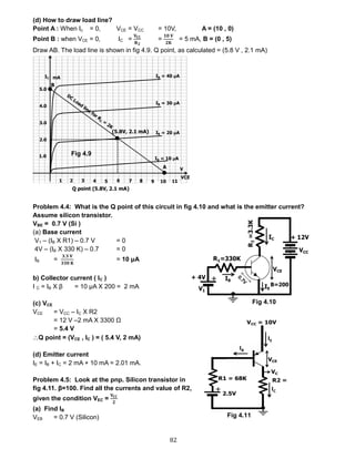 82
(d) How to draw load line?
Point A : When Ic = 0, VCE = VCC = 10V, A = (10 , 0)
Point B : when VCE = 0, IC =
𝐕𝐂𝐂
𝐑 𝟐
=
𝟏𝟎 𝐕
𝟐𝐊
= 5 mA, B = (0 , 5)
Draw AB. The load line is shown in fig 4.9. Q point, as calculated = (5.8 V , 2.1 mA)
Problem 4.4: What is the Q point of this circuit in fig 4.10 and what is the emitter current?
Assume silicon transistor.
VBE = 0.7 V (Si )
(a) Base current
V1 – (IB X R1) – 0.7 V = 0
4V – (IB X 330 K) – 0.7 = 0
IB =
𝟑.𝟑 𝐕
𝟑𝟑𝟎 𝐊
= 10 μA
b) Collector current ( IC )
I C = IB X β = 10 μA X 200 = 2 mA
(c) VCE
VCE = VCC – IC X R2
= 12 V –2 mA X 3300 Ω
= 5.4 V
Q point = (VCE , IC ) = ( 5.4 V, 2 mA)
(d) Emitter current
IE = IB + IC = 2 mA + 10 mA = 2.01 mA.
Problem 4.5: Look at the pnp. Silicon transistor in
fig 4.11. β=100. Find all the currents and value of R2,
given the condition VEC =
𝐕𝐂𝐂
𝟐
(a) Find IB
VEB = 0.7 V (Silicon)
Fig 4.9
Fig 4.10
Fig 4.11
 
