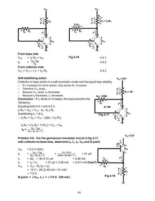 85
From base side
VCE = IB RB + VBE 4.4.1
IB =
𝐕𝐂𝐂−𝐕 𝐁𝐄
𝐑 𝐁
4.4.2
From collector side
VCE = VCC ─ ( IC + IB ) RC 4.4.3
Self-stabilizing action
Collector to base works in a self-correction mode and has good bias stability.
o If Ic increases for some reason, drop across RC increases
o Therefore VCE drops.
o Because VCE drops, IB decreases.
o Because IB decreases, IC decreases.
Conclusion : If IC tends to increase, the loop prevents this
Tendency
Equating both 4.4.1 and 4.4.3,
IB RB + VBE = VCC - (IC +IB ).RC
Substituting IC = β IB
 IB RB + VBE = VCC – [(βIB + IB).RC]
IB RB + [ IB (β + 1) RC ] = VCC ─ VBE
IB =
𝐕𝐂𝐂 ─ 𝐕 𝐁𝐄
𝐑 𝐁 + 𝐑 𝐂 ( 𝛃 + 𝟏 )
Problem 4.8: For the germanium transistor circuit in fig 4.17,
with collector-to-base bias, determine IB, IC, IE, VCE and Q point.
VBE = 0.3 V (Ger)
IB =
𝐕𝐂𝐂 − 𝐕 𝐁𝐄
𝐑 𝐁 + 𝐑 𝐂( 𝛃 + 𝟏)
=
𝟏𝟐− 𝟎.𝟑 𝐕
𝟐𝟐𝟎𝐊 +𝟐𝐊 (𝟖𝟎 + 𝟏 )
= 31 μA
IC = βIB = 80 X 31 μA = 2.48 mA
IE = IB + IC = 31 μA + 2.48 mA = 2.511 mA (how?)
VCE = VCC - RC (IC + IB)
= 12 V – 2K (2.48 mA + 31 mA)
= 7.0 V.
Q point = ( VCE, IC ) = ( 7.0 V, 228 mA )
Fig 4.16
Fig 4.17
Fig 4.18
 
