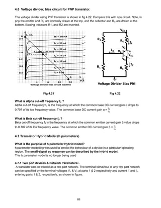 88
4.6 Voltage divider, bias circuit for PNP transistor.
The voltage divider using PnP transistor is shown in fig 4.22. Compare this with npn circuit. Note, in
pnp the emitter and RE are normally drawn at the top, and the collector and RC are drawn at the
bottom. Biasing resistors R1, and R2 are inverted.
Fig 4.21 Fig 4.22
What is Alpha cut-off frequency fα ?
Alpha cut-off frequency fα is the frequency at which the common base DC current gain α drops to
0.707 of its low frequency value. The common base DC current gain α =
IC
IE
What is Beta cut-off frequency fβ ?
Beta cut-off frequency fβ is the frequency at which the common emitter current gain β value drops
to 0.707 of its low frequency value. The common emitter DC current gain β =
IC
IB
4.7 Transistor Hybrid Model (h parameters)
What is the purpose of h parameter Hybrid model?
h parameter modelling was used to predict the behaviour of a device in a particular operating
region. The small-signal ac response can be described by the hybrid model.
This h parameter model is no longer being used
4.7.1 Two port devices & Network Parameters:-
A transistor can be treated as a two part network. The terminal behaviour of any two part network
can be specified by the terminal voltages V1 & V2 at parts 1 & 2 respectively and current i1 and i2,
entering parts 1 & 2, respectively, as shown in figure.
 