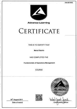 Opercom Certificate Certificate of operations management | PDF