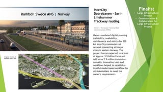 Imagery courtesy of
Ramboll Sweco ANS
Ramboll Sweco ANS | Norway
Owner | Norwegian National Rail
Administration (NNRA)
InterCity
Dovrebanen - Sørli-
Lillehammer
Trackway routing
Owner mandated digital planning
(reliability, availability,
maintenance and safety) for 230
km InterCity commuter rail
network connecting all major
cities in eastern Norway. The
project has an expected total cost
of approx. 3.9 billion Euros and
will serve 2.9 million commuters
annually. Innovative tools and
workflows helped to establish a
trustful model-based workflow for
all stakeholders to meet the
owner’s requirements.
Finalist
• Large Infrastructure
Project
• Communication &
Collaboration for
Large Infrastructure
Project
 