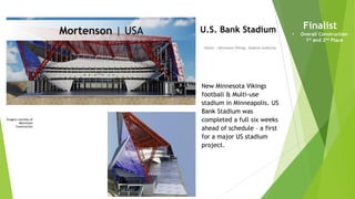 Imagery courtesy of
Mortenson
Construction
Owner | Minnesota Vikings, Stadium Authority
U.S. Bank Stadium
New Minnesota Vikings
football & Multi-use
stadium in Minneapolis. US
Bank Stadium was
completed a full six weeks
ahead of schedule – a first
for a major US stadium
project.
Finalist
• Overall Construction
1st and 2nd Place
Build three Bureau Group Co., Ltd | China
Mortenson | USA
 
