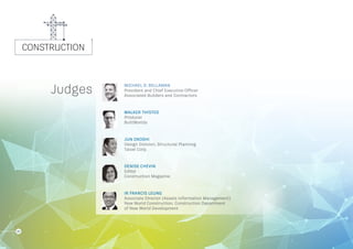 CONSTRUCTION
20
MICHAEL D. BELLAMAN
President and Chief Executive Officer	
Associated Builders and Contractors
WALKER THISTED
Producer
BuiltWorlds
JUN OKOSHI
Design Division, Structural Planning
Taisei Corp.
DENISE CHEVIN
Editor
Construction Magazine
IR FRANCIS LEUNG
Associate Director (Assets Information Management)
New World Construction, Construction Department
of New World Development
Judges
 