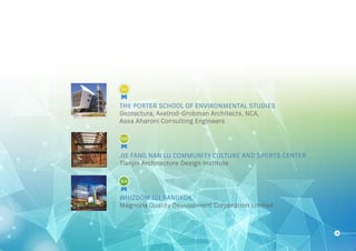 29
THE PORTER SCHOOL OF ENVIRONMENTAL STUDIES
Geotectura, Axelrod-Grobman Architects, NCA,
Assa Aharoni Consulting Engineers
JIE FANG NAN LU COMMUNITY CULTURE AND SPORTS CENTER
Tianjin Architecture Design Institute
WHIZDOM 101 BANGKOK
Magnolia Quality Development Corporation Limited
2nd
3rd
1st
2nd
3rd2nd
3rd
1st
2nd
3rd
2nd
3rd
1st
2nd
3rd
 