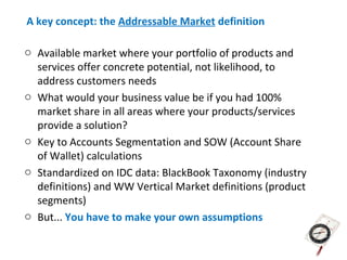 A key concept: the Addressable Market definition

o Available market where your portfolio of products and
  services offer concrete potential, not likelihood, to
  address customers needs
o What would your business value be if you had 100%
  market share in all areas where your products/services
  provide a solution?
o Key to Accounts Segmentation and SOW (Account Share
  of Wallet) calculations
o Standardized on IDC data: BlackBook Taxonomy (industry
  definitions) and WW Vertical Market definitions (product
  segments)
o But... You have to make your own assumptions
 