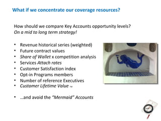 What if we concentrate our coverage resources?


How should we compare Key Accounts opportunity levels?
On a mid to long term strategy!

•   Revenue historical series (weighted)
•   Future contract values
•   Share of Wallet x competition analysis
•   Services Attach rates
•   Customer Satisfaction index
•   Opt-in Programs members
•   Number of reference Executives
•   Customer Lifetime Value TM

• …and avoid the “Mermaid” Accounts
 