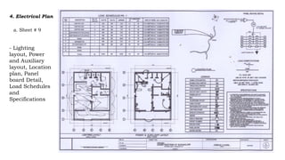 4. Electrical Plan
a. Sheet # 9
- Lighting
layout, Power
and Auxiliary
layout, Location
plan, Panel
board Detail,
Load Schedules
and
Specifications
 