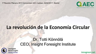 innogreen.netinnogreen.net
La revolución de la Economía Circular
Dr. Totti Könnölä
CEO, Insight Foresight Institute
1ª Reunión Plenaria 2017 Comunidad AEC Calidad, 09/02/2017, Madrid
 