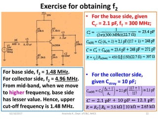 Exercise for obtaining f2
• For the base side, given
Cc’ = 2.1 pF, fT = 300 MHz;
• For the collector side,
given Cstray = 10 pF;
Aravinda K., Dept. of E&C, NHCE 22
For base side, f2 = 1.48 MHz.
For collector side, f2 = 4.96 MHz.
From mid-band, when we move
to higher frequency, base side
has lesser value. Hence, upper
cut-off frequency is 1.48 MHz.
02/10/2017
 