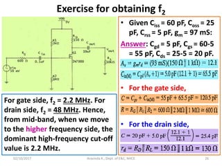 Exercise for obtaining f2
• Given Ciss = 60 pF, Coss = 25
pF, Crss = 5 pF, gm = 97 mS:
Answer: Cgd = 5 pF, Cgs = 60-5
= 55 pF, Cds = 25-5 = 20 pF.
• For the gate side,
• For the drain side,
Aravinda K., Dept. of E&C, NHCE 26
For gate side, f2 = 2.2 MHz. For
drain side, f2 = 48 MHz. Hence,
from mid-band, when we move
to the higher frequency side, the
dominant high-frequency cut-off
value is 2.2 MHz.
02/10/2017
 
