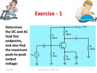 02/11/2017 Aravinda K., Dept. of E&C, NHCE 11
Exercise - 1
Determine
the DC and AC
load line
endpoints,
and also find
the maximum
peak-to-peak
output
voltage:
 