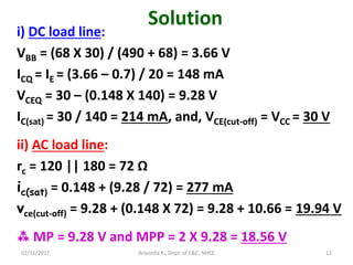 i) DC load line:
VBB = (68 X 30) / (490 + 68) = 3.66 V
ICQ = IE = (3.66 – 0.7) / 20 = 148 mA
VCEQ = 30 – (0.148 X 140) = 9.28 V
IC(sat) = 30 / 140 = 214 mA, and, VCE(cut-off) = VCC = 30 V
ii) AC load line:
rc = 120 || 180 = 72 Ω
ic(sat) = 0.148 + (9.28 / 72) = 277 mA
vce(cut-off) = 9.28 + (0.148 X 72) = 9.28 + 10.66 = 19.94 V
 MP = 9.28 V and MPP = 2 X 9.28 = 18.56 V
02/11/2017 Aravinda K., Dept. of E&C, NHCE 12
Solution
 