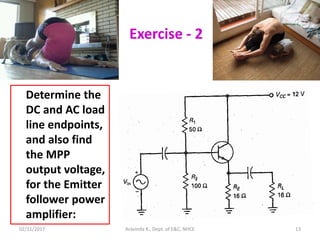 02/11/2017 Aravinda K., Dept. of E&C, NHCE 13
Exercise - 2
Determine the
DC and AC load
line endpoints,
and also find
the MPP
output voltage,
for the Emitter
follower power
amplifier:
 