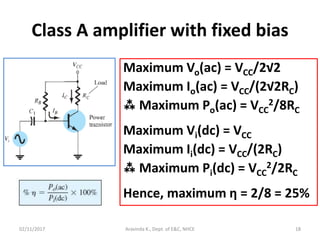 Class A amplifier with fixed bias
Maximum Vo(ac) = VCC/2√2
Maximum Io(ac) = VCC/(2√2RC)
 Maximum Po(ac) = VCC
2/8RC
Maximum Vi(dc) = VCC
Maximum Ii(dc) = VCC/(2RC)
 Maximum Pi(dc) = VCC
2/2RC
Hence, maximum η = 2/8 = 25%
02/11/2017 Aravinda K., Dept. of E&C, NHCE 18
 