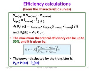 Efficiency calculations
(From the characteristic curves)
vce(pp) = vce(max) - vce(min)
ic(pp) = ic(max) - ic(min)
 Po(ac) = (vce(max) - vce(min))(ic(max) - ic(min)) / 8
and, Pi(dc) = VCC X ICQ
• The maximum theoretical efficiency can be up to
50%, and it is given by:
• The power dissipated by the transistor is,
PQ = Pi(dc) - Po(ac)
02/11/2017 Aravinda K., Dept. of E&C, NHCE 23
 