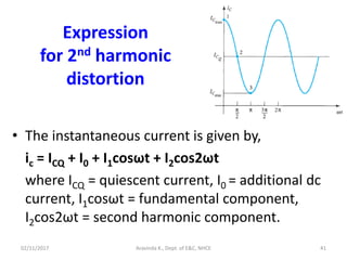 Expression
for 2nd harmonic
distortion
• The instantaneous current is given by,
ic = ICQ + I0 + I1cosωt + I2cos2ωt
where ICQ = quiescent current, I0 = additional dc
current, I1cosωt = fundamental component,
I2cos2ωt = second harmonic component.
02/11/2017 Aravinda K., Dept. of E&C, NHCE 41
 