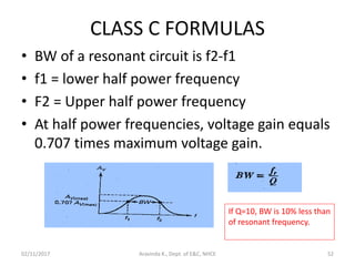CLASS C FORMULAS
• BW of a resonant circuit is f2-f1
• f1 = lower half power frequency
• F2 = Upper half power frequency
• At half power frequencies, voltage gain equals
0.707 times maximum voltage gain.
If Q=10, BW is 10% less than
of resonant frequency.
02/11/2017 52Aravinda K., Dept. of E&C, NHCE
 