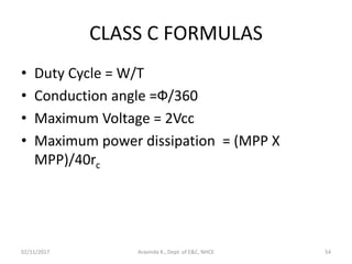 CLASS C FORMULAS
• Duty Cycle = W/T
• Conduction angle =Ф/360
• Maximum Voltage = 2Vcc
• Maximum power dissipation = (MPP X
MPP)/40rc
02/11/2017 54Aravinda K., Dept. of E&C, NHCE
 