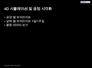4D 시뮬레이션 및공정 시각화공정 별 하이라이트 날짜 별 하이라이트 1일/1주일물량 데이터 보기 