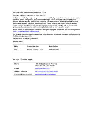 Configuration Guide ArcSight Express™ v3.0
Copyright © 2011 ArcSight, LLC All rights reserved.
ArcSight and the ArcSight logo are registered trademarks of ArcSight in the United States and in some other
countries. Where not registered, these marks and ArcSight Console, ArcSight ESM, ArcSight Express,
ArcSight Manager, ArcSight Web, ArcSight Enterprise View, FlexConnector, ArcSight FraudView, ArcSight
Identity View, ArcSight Interactive Discovery, ArcSight Logger, ArcSight NCM, SmartConnector, ArcSight
Threat Detector, ArcSight TRM, and ArcSight Viewer, are trademarks of ArcSight, LLC. All other brands,
products and company names used herein may be trademarks of their respective owners.
Follow this link to see a complete statement of ArcSight's copyrights, trademarks, and acknowledgements:
http://www.arcsight.com/copyrightnotice
The network information used in the examples in this document (including IP addresses and hostnames) is
for illustration purposes only.
This document is ArcSight Confidential.
Revision History
ArcSight Customer Support
Date Product Version Description
08/01/11 ArcSight Express™ v3.0 New Document
Phone 1-866-535-3285 (North America)
+44 (0)870 141 7487 (EMEA)
E-mail support@arcsight.com
Support Web Site http://www.arcsight.com/supportportal/
Protect 724 Community https://protect724.arcsight.com
 