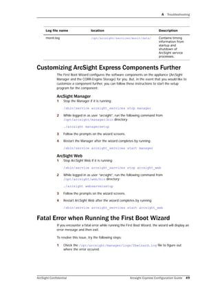 A Troubleshooting
ArcSight Confidential Arcsight Express Configuration Guide 49
Customizing ArcSight Express Components Further
The First Boot Wizard configures the software components on the appliance (ArcSight
Manager and the CORR-Engine Storage) for you. But, in the event that you would like to
customize a component further, you can follow these instructions to start the setup
program for the component:
ArcSight Manager
1 Stop the Manager if it is running:
/sbin/service arcsight_services stop manager
2 While logged in as user “arcsight”, run the following command from
/opt/arcsight/manager/bin directory:
./arcsight managersetup
3 Follow the prompts on the wizard screens.
4 Restart the Manager after the wizard completes by running:
/sbin/service arcsight_services start manager
ArcSight Web
1 Stop ArcSight Web if it is running:
/sbin/service arcsight_services stop arcsight_web
2 While logged in as user “arcsight”, run the following command from
/opt/arcsight/web/bin directory:
./arcsight webserversetup
3 Follow the prompts on the wizard screens.
4 Restart ArcSight Web after the wizard completes by running:
/sbin/service arcsight_services start arcsight_web
Fatal Error when Running the First Boot Wizard
If you encounter a fatal error while running the First Boot Wizard, the wizard will display an
error message and then exit.
To resolve this issue, try the following steps:
1 Check the /opt/arcsight/manager/logs/fbwizard.log file to figure out
where the error occured.
monit.log /opt/arcsight/services/monit/data/ Contains timing
information from
startup and
shutdown of
ArcSight service
processes.
Log file name location Description
 