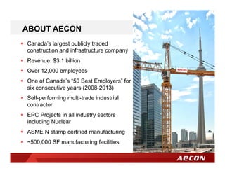  Canada’s largest publicly traded
construction and infrastructure company
 Revenue: $3.1 billion
 Over 12,000 employees
 One of Canada’s “50 Best Employers” for
six consecutive years (2008-2013)
 Self-performing multi-trade industrial
contractor
 EPC Projects in all industry sectors
including Nuclear
 ASME N stamp certified manufacturing
 ~500,000 SF manufacturing facilities
ABOUT AECON
 
