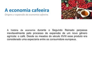 A economia cafeeira Origens e expansão da economia cafeeira. A história da economia  durante o Segundo Reinado perpassa inevitavelmente pelo processo de expansão de um novo gênero agrícola: o café. Desde os meados do século XVIII esse produto era considerado uma especiaria entre os consumidore europeus.   