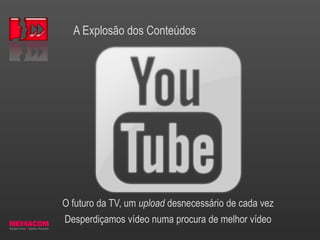 A Explosão dos Conteúdos
O futuro da TV, um upload desnecessário de cada vez
Desperdiçamos vídeo numa procura de melhor vídeo
 