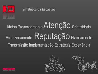 Em Busca da Escassez
Ideias Processamento Atenção Criatividade
Armazenamento Reputação Planeamento
Transmissão Implementação Estratégia Experiência
 