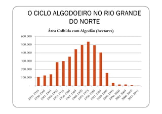 O CICLO ALGODOEIRO NO RIO GRANDE
                DO NORTE
          Área Colhida com Algodão (hectares)
600.000

500.000

400.000

300.000

200.000

100.000

     -
 