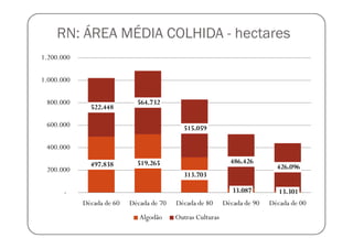 RN: ÁREA MÉDIA COLHIDA - hectares
1.200.000

1.000.000

 800.000                     564.732
              522.448

 600.000                                    515.059

 400.000

              497.838        519.265                          486.426
 200.000                                                                     426.096
                                            313.703

       -                                                       33.087         13.301
            Década de 60   Década de 70   Década de 80      Década de 90   Década de 00
                              Algodão     Outras Culturas
 