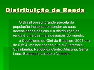 Distribuição de Renda   O Brasil possui grande parcela da população incapaz de atender às suas necessidades básicas e a distribuição de renda é uma das mais desiguais do mundo; o Coeficiente de Gini do Brasil em 2001 era de 0,594, melhor apenas que a Guatemala, Suazilândia, República Centro-Africana, Serra Leoa, Botsuana, Lesoto e Namíbia.  