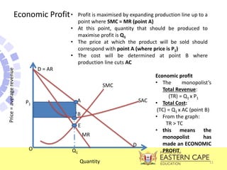 11
Economic Profit
D = AR
MR
Price
=
average
revenue
P1
D
Quantity
Q1
• Profit is maximised by expanding production line up to a
point where SMC = MR (point A)
• At this point, quantity that should be produced to
maximise profit is Q1
• The price at which the product will be sold should
correspond with point A (where price is P1)
• The cost will be determined at point B where
production line cuts AC
SMC
SAC
O
E
B
A
Economic profit
• The monopolist’s
Total Revenue:
(TR) = Q1 x P1
• Total Cost:
(TC) = Q1 x AC (point B)
• From the graph:
TR > TC
• this means the
monopolist has
made an ECONOMIC
PROFIT
 