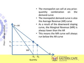 8
D = AR
MR
Price
=
average
revenue
P1
P2
D
Quantity
Q1 Q2
• The monopolist can sell at any price-
quantity combination on the
demand curve
• The monopolist demand curve is also
the Average Revenue (AR) curve
• As a result of the downward sloping
curve, the Marginal Revenue (MR) is
always lower than the AR
• This means the MR curve will always
run below the AR curve
 