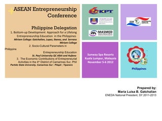 +     ASEAN Entrepreneurship
                   Conference

                         Philippine Delegation
     1. Bottom-up Development Approach for a Lifelong
          Entrepreneurship Education in the Philippines
        Miriam College: Gatchalian, Lopez, ibanez, and Serrano
                                                   Miriam College
                      2. Socio-Cultural Parameters in
Philippine
                                    Entrepreneurship Education
                          St. Paul University QC Albit and Hufano     Sunway Spa Resorts
           3. The Economic Contributions of Entrepreneurial         Kuala Lumpur, Malaysia
            Activities in the 4th District of Camarines Sur, Phil     November 5-6 2012
     Partido State University, Camarines Sur : Pilapil ; Tipanero
                                                                                                      Philippines




                                                                                                         Prepared by:
                                                                                             Maria Luisa B. Gatchalian
                                                                                  ENEDA National President, SY 2011-2013
 