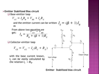 Emitter Stabilized Bias circuit
 Base–emitter loop
and the emitter current can be written
as
From above two equation we
get:
 Collector–emitter loop
with the base current known,
IC can be easily calculated by
the relation IC = βIB.
Emitter Stabilized bias circuit
 