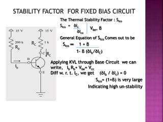 15 V
C
E
B
15 V
200 k 1 k
The Thermal Stability Factor : SIco
SIco = ∂Ic
∂Ico
General Equation of SIco Comes out to be
SIco ═ 1 + β
1- β (∂Ib/∂IC)
Vbe, β
Applying KVL through Base Circuit we can
write, Ib Rb+ Vbe= Vcc
Diff w. r. t. IC, we get (∂Ib / ∂Ic) = 0
SIco= (1+β) is very large
Indicating high un-stability
Ib
Rb
RC
RC
 