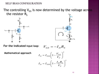 The controlling VGS is now determined by the voltage across
the resistor RS
44
For the indicated input loop:
SDGS RIV 
Mathematical approach
2
2
1
1














P
SD
DSSD
P
GS
DSSD
V
RI
II
V
V
II
 