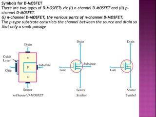 Symbols for D-MOSFET
There are two types of D-MOSFETs viz (i) n-channel D-MOSFET and (ii) p-
channel D-MOSFET.
(i) n-channel D-MOSFET, the various parts of n-channel D-MOSFET.
The p-type substrate constricts the channel between the source and drain so
that only a small passage
 