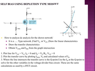  How to analyze dc analysis for the shown network?
 It is a …. Type network ,Find VG or VGS ,Draw the linear characteristics
 Draw the transfer characteristics
 Obtain VGSQ and IDQ from the graph intersection
1. Plot line for VGS = VG, ID = 0 and ID = VG/RS, VGS = 0
2. Plot the transfer curve by plotting IDSS, VP and calculated values of ID.
3. Where the line intersects the transfer curve is the Q-point.Use the ID at the Q-point to
solve for the other variables in the voltage-divider bias circuit. These are the same
calculations as used by a JFET circuit.
 