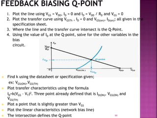 1. Plot the line using VGS = VDD, ID = 0 and ID = VDD / RD and VGS = 0
2. Plot the transfer curve using VGSTh , ID = 0 and VGS(on), ID(on); all given in the
specification sheet.
3. Where the line and the transfer curve intersect is the Q-Point.
4. Using the value of ID at the Q-point, solve for the other variables in the
bias
circuit.
66
 Find k using the datasheet or specification given;
ex: VGS(ON),VGS(TH)
 Plot transfer characteristics using the formula
ID=k(VGS – VT)2. Three point already defined that is ID(ON), VGS(ON) and
VGS(TH)
 Plot a point that is slightly greater than VGS
 Plot the linear characteristics (network bias line)
 The intersection defines the Q-point
 
