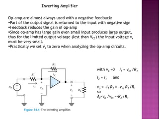 Op-amp are almost always used with a negative feedback:
Part of the output signal is returned to the input with negative sign
Feedback reduces the gain of op-amp
Since op-amp has large gain even small input produces large output,
thus for the limited output voltage (lest than VCC) the input voltage vx
must be very small.
Practically we set vx to zero when analyzing the op-amp circuits.
Inverting Amplifier
with vx =0 i1 = vin /R1
i2 = i1 and
vo = -i2 R2 = -vin R2 /R1
so
Av=vo /vin =-R2 /R1
i1
i2
 