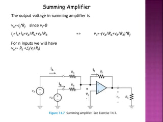 Summing Amplifier
The output voltage in summing amplifier is
vo=-if*Rf since vi=0
if=iA+iB=vA/RA+vB/RB => vo=-(vA/RA+vB/RB)*Rf
For n inputs we will have
vo=- Rf *Si(vi/Ri)
+
vi
-
iA
iB
if
 
