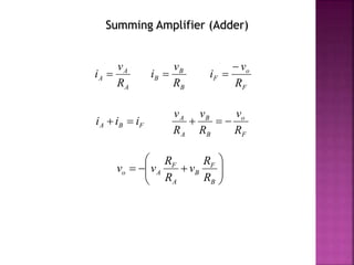 Summing Amplifier (Adder)
A
A
A
R
v
i 
B
B
B
R
v
i 
FBA iii 
F
o
F
R
v
i


F
o
B
B
A
A
R
v
R
v
R
v








B
F
B
A
F
Ao
R
R
v
R
R
vv
 