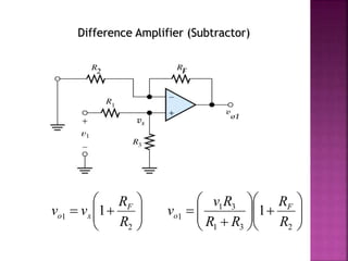 Difference Amplifier (Subtractor)
vx







2
1
1
R
R
vv F
xo 













231
31
1
1
R
R
RR
Rv
v F
o
 